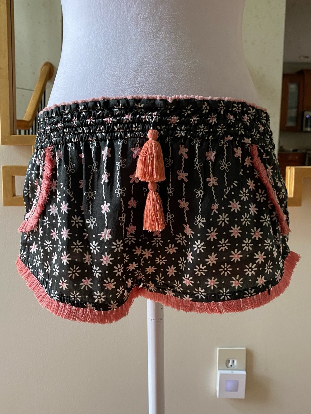 Poupette St. Barth Lulu Silk Boxer Shorts sz 1 XS black pink Daisy fringe - Picture 2 of 13